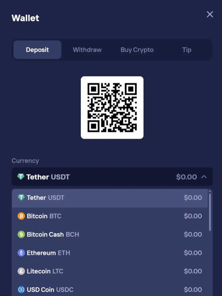 Duel7.com crypto wallet deposit screen with QR code
