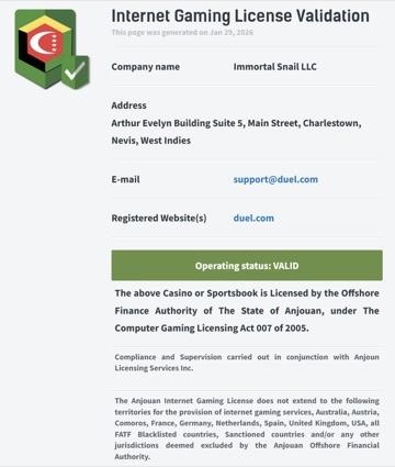 Duel7.com Anjouan gaming license badge